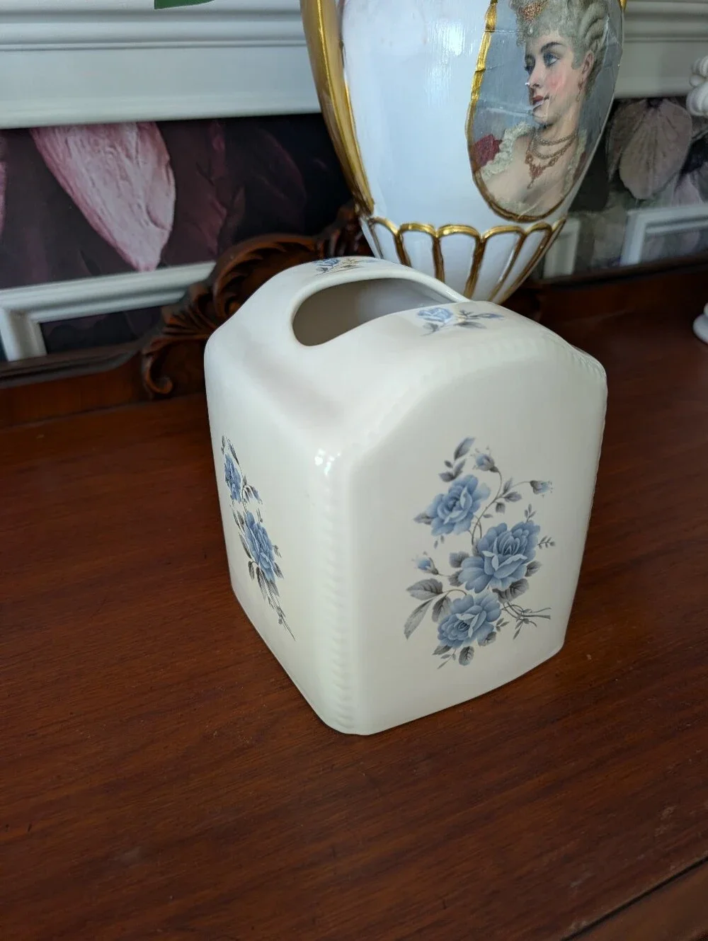 Vintage,  ATHENA USA Tissue Container holder Blue Roses Off white Porcelain 6.5